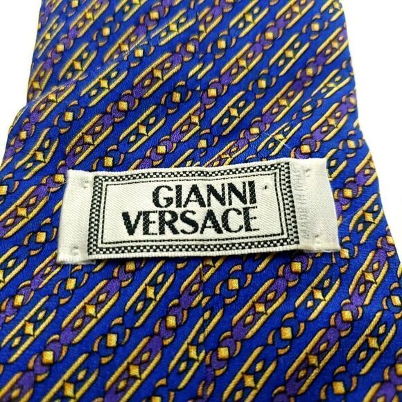 Gianni Versace Blue Print Geometric Short Silk Tie - Picture 3 of 6